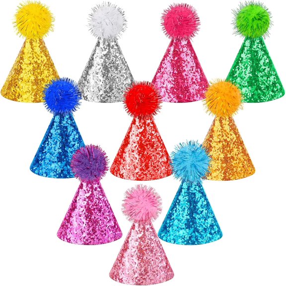 10 Pcs Glitter Mini Birthday Party Hats Multicolor Paper Cone Hats for Kids Girls Pets Stuffed Animals Birthday Holiday Decoration Supplies