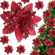 10 Pcs Glitter Poinsettia 5.5" Artificial Flowers Christmas with Clips Stems Xmas Tree Ornaments for Wedding Party Wreath Decoration
