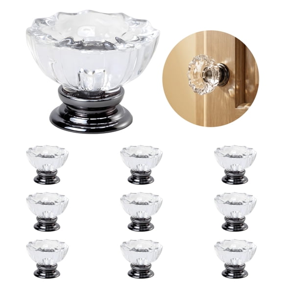 10 Pcs Glossy Black Crystal Knob, Oval Furniture Cabinet Handle, Single Hole Drawer Pull, Vintage Design with Screws