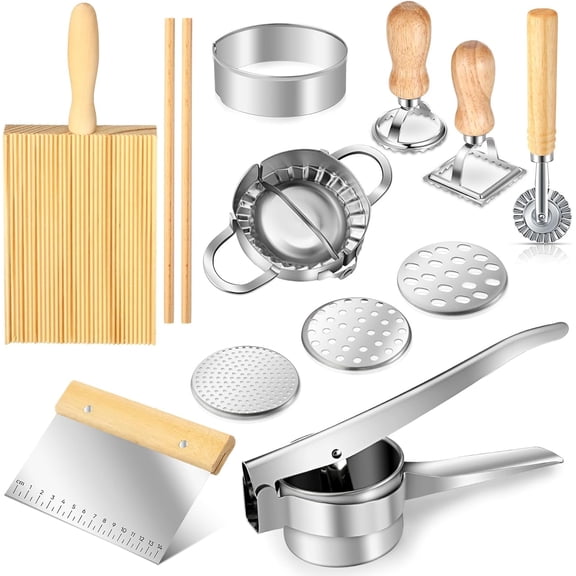 10 Pcs Gnocchi Board Set Includes Ravioli Pasta Cutter Wheel, Manual Stainless Steel Potato Masher with 3 Removable and Interchangeable Discs for Homemade Gnocchi and Pasta Kitchen Gift Idea