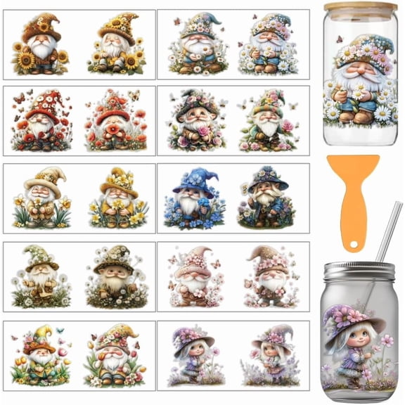 10 Pcs Gnome Theme Cup Printing UV Transfer Papers 10 Styles Watercolor Garden Gnomes Flowers PVC DIY Heat Transfer Stickers for 16 OZ Glass Cups Crafts 9.5x4.3inch