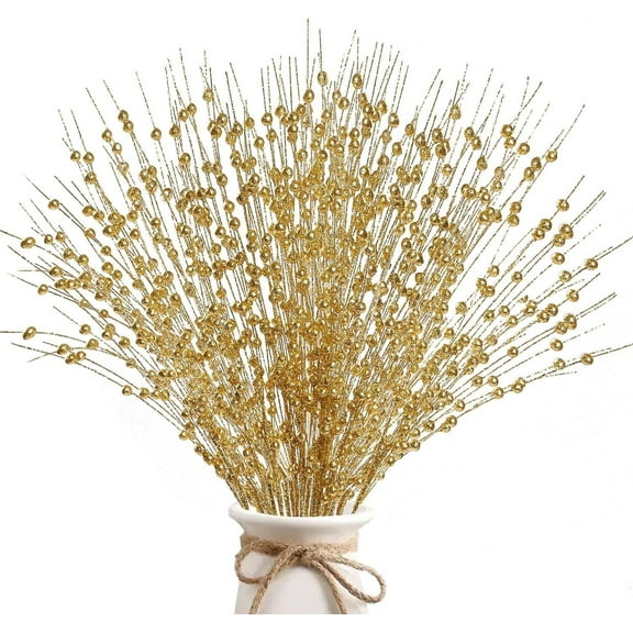 10 Pcs Gold Artificial Glitter Berry Stems Decorations, 20 inch Decorative Bead Sticks Glittery Twigs Branches Ornaments for Christmas Tree Vase