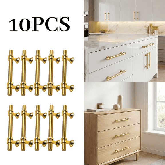 10 Pcs Gold Drawer Pulls Set, Modern Metal Cabinet Handles 5.91 Inch T Bar Knobs with Screws, Brushed Finish Furniture Pulls for Cabinets Wardrobes Dressers Kitchen Hardware