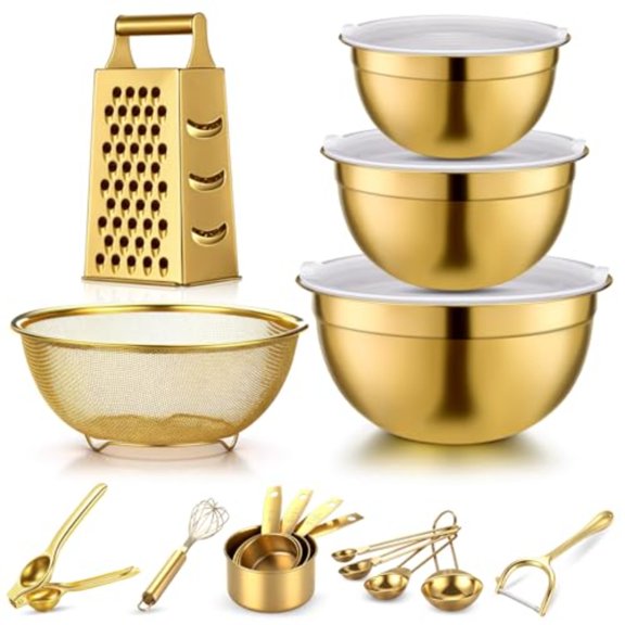 10 Pcs Gold Kitchen Accessories Set Includes Gold Mixing Bowls with Airtight Lids Stainless Steel Colander Grater Slicer Lemon Squeezer Peelers Egg Whisk Measuring Cups and Spoons
