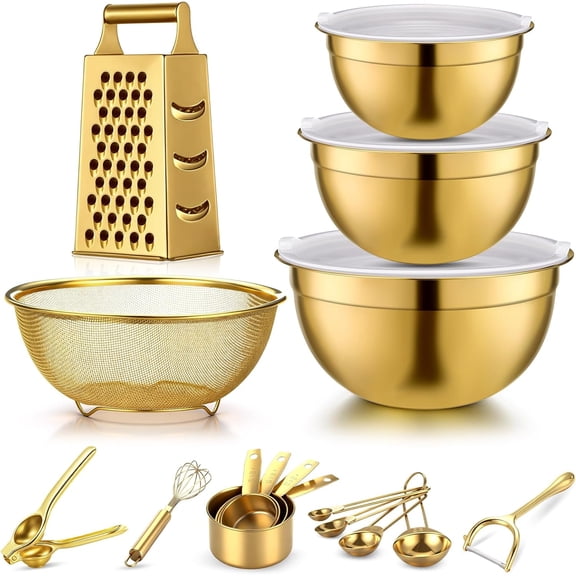 10 Pcs Gold Kitchen Accessories Set, Includes Gold Mixing Bowls with Airtight Lids, Stainless Steel Colander, Grater Slicer, Lemon Squeezer, Peelers, Egg Whisk, Measuring Cups and Spoons