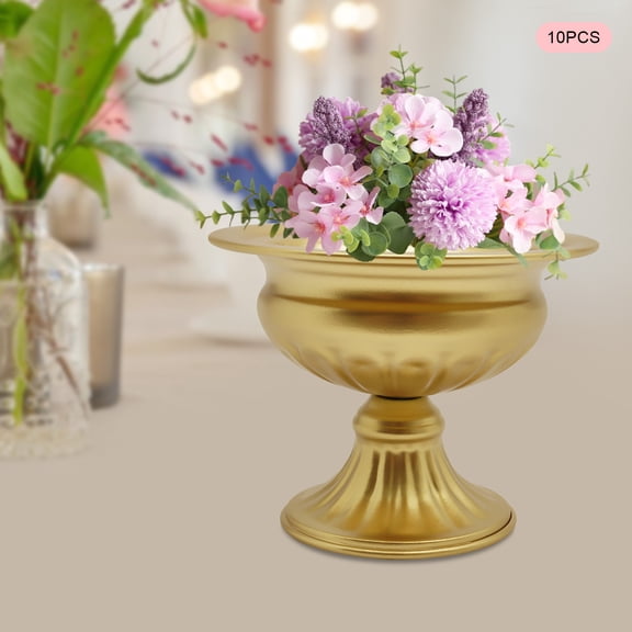 10 Pcs Gold Mini Metal Urn Planter Pot 4.7" Metal Wedding Table Centerpieces Flower Arrangement, Compote Trumpet Vase for Party Birthday Anniversary Ceremony