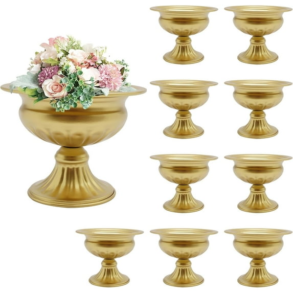 10 Pcs Gold Mini Metal Urn Planter Pot 4.7" Metal Wedding Table Centerpieces Flower Arrangement, Compote Trumpet Vase for Party Birthday Anniversary Ceremony