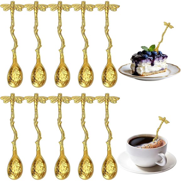 10 Pcs Gold Retro Dragonfly Spoon 4.33 Inch Coffee Stirring Tea Dessert Stir Bar Spoon Teaspoon Tableware Creative Sugar Spoons for Dessert Cake Ice Cream Long Curve Handle Kitchen Gadget