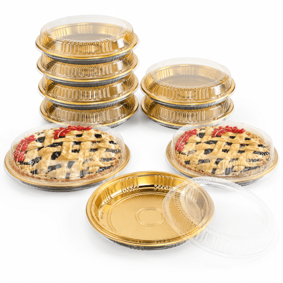 10 Pcs Gold Round Food Containers with Clear Lids, Stackable Pie Cake Carriers for Party Catering, Transparent Snack Boxes