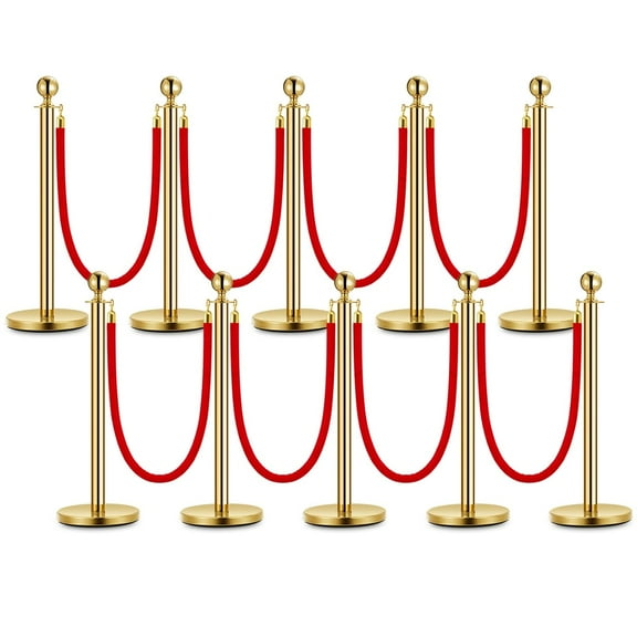 10 Pcs Gold Stanchion Post Queue and 5 Ft Red Velvet Ropes, Stainless Steel Red Carpet Ropes and Poles, Crowd Control Safety Barriers for Parties, Banks, Museums