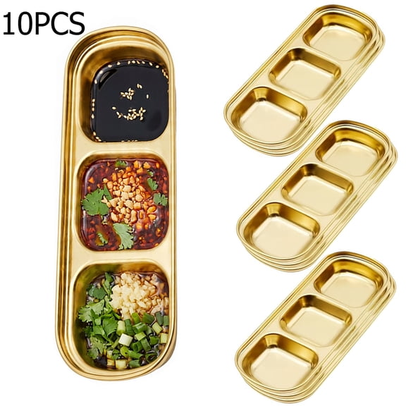 10 Pcs Golden Stainless Steel 3-Compartment Dip Tray Set, Stackable Sauce Dishes for Kitchen BBQ Picnic Camping, Durable Condiment Serving Plates for Home Dining and Party Food Preparation
