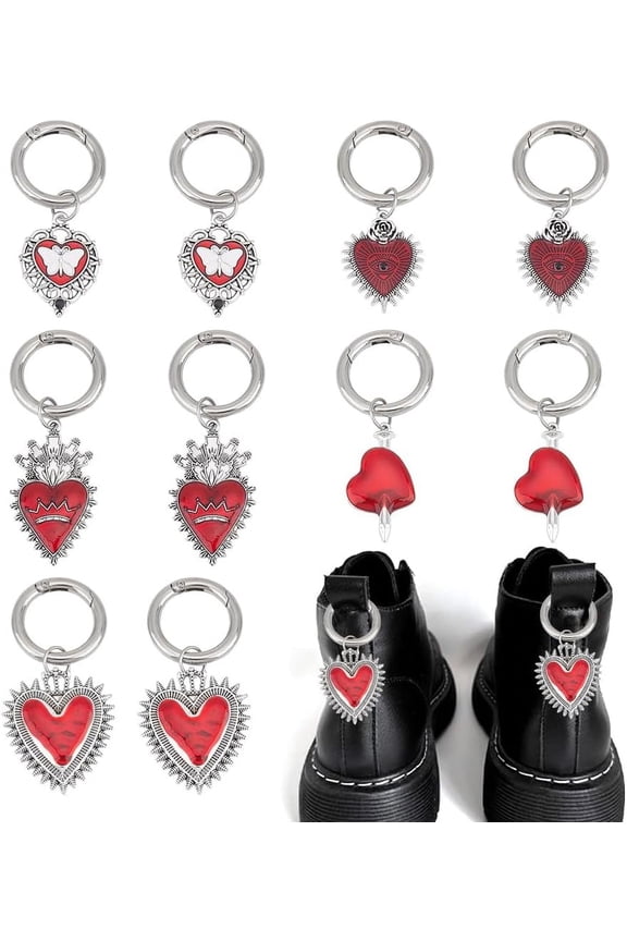 10 Pcs Gothic Heart Charms with Spring O Rings 5 Styles Punk Style Decoration Enamel Alloy Shoe Charms for Bag Purse Punk Decor 2.4-3inch(6.2-7.8cm) 2 Colors