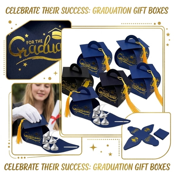 10 Pcs Graduation Cap Gift Box Graduation Party Favors Candy Boxes Treat Box with Tassel Table Centerpieces Class of 2026 Grad Decorations(Blue, Gold)