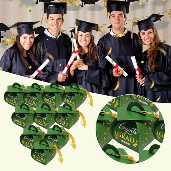 10 Pcs Graduation Cap Gift Box Graduation Party Favors Candy Boxes Treat Box with Tassel Table Centerpieces Class of 2026 Grad Decorations(Green, Gold)