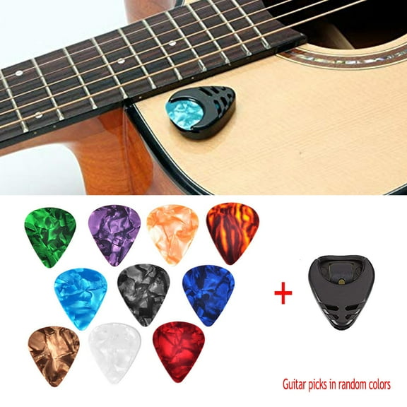 10 Pcs Guitar Picks & Guitar Pick Holder Set for Acoustic Guitar Electric Guitar Bass Ukulele Stick-on Holder (Picks Random Color)