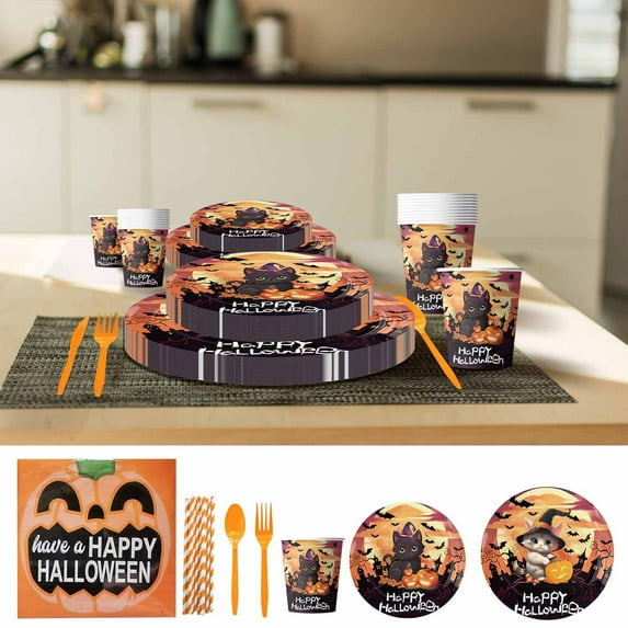 10 Pcs Halloween Disposable Tableware, Paper Plates and Napkins Happy Halloween Tableware Scary Moon Night Halloween Birthday Baby Shower Party Decorations, Serve 10