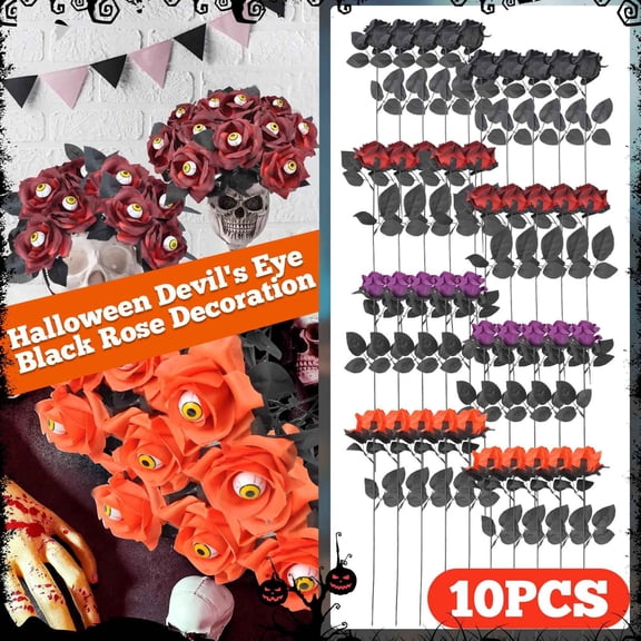 10 Pcs Halloween Eyeball Roses Bouquet - Black, Red, Orange, Purple Artificial Flowers with Stems, Spooky Gothic Fake Roses for Haunted House Decor, Halloween Party Centerpieces & Creepy Arrangements