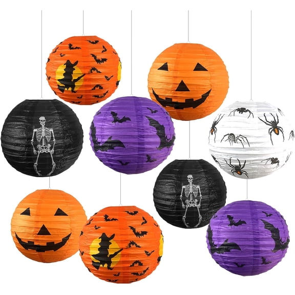 10 Pcs Halloween Hanging Paper Lanterns, 10Inches Jack-O'-Lantern Spider Skeleton Pumpkin Orange Black Purple Halloween Hanging Paper Lanterns for Halloween Indoor Outdoor Party Decoration Supplies