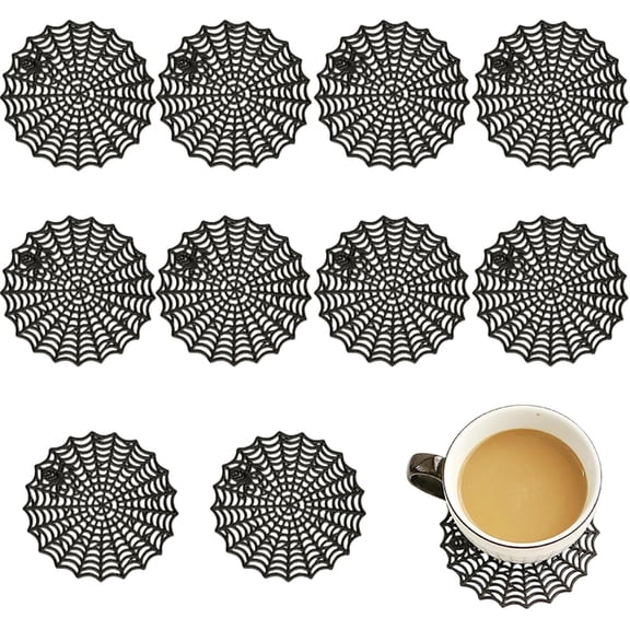 10 Pcs Halloween Spider Web Coasters for Car Cup Holders, Non-Slip Gothic PVC Drink Coasters Heat Resistant Table Mats Ornaments for Halloween Kitchen Home Table Dinning Party Decoration (Black)