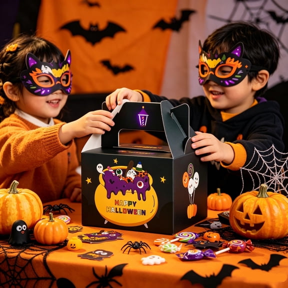 10 Pcs Halloween Treat Boxes,Cartoon Print Paper Containers with Carry Handles,Portable Cookie Candy Snack Party Favor Gift Packaging Boxes