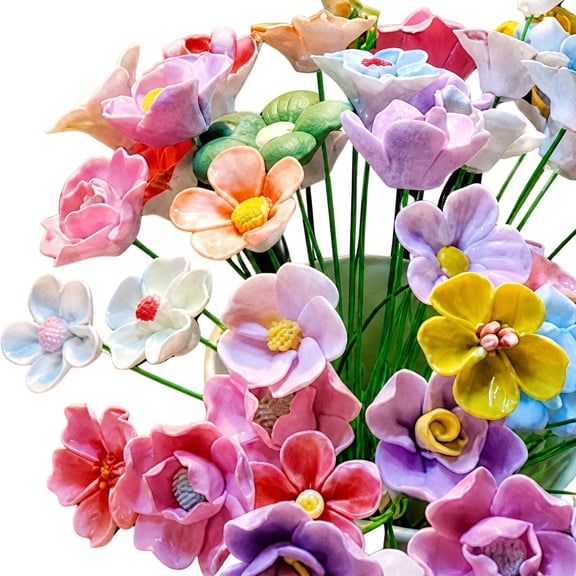 10 Pcs Handmade Ceramic Flowers - Pastel Pink Yellow Purple Artificial Flower Bouquet for DIY Arrangements No Water Needed for Home Decor Gift