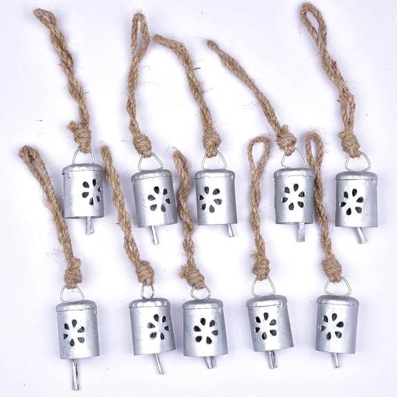 Vivanta Vintage Hanging Christmas Decorative Bells Silver Rustic Farmhouse Small Tin Bell For Crafts 10 Pcs