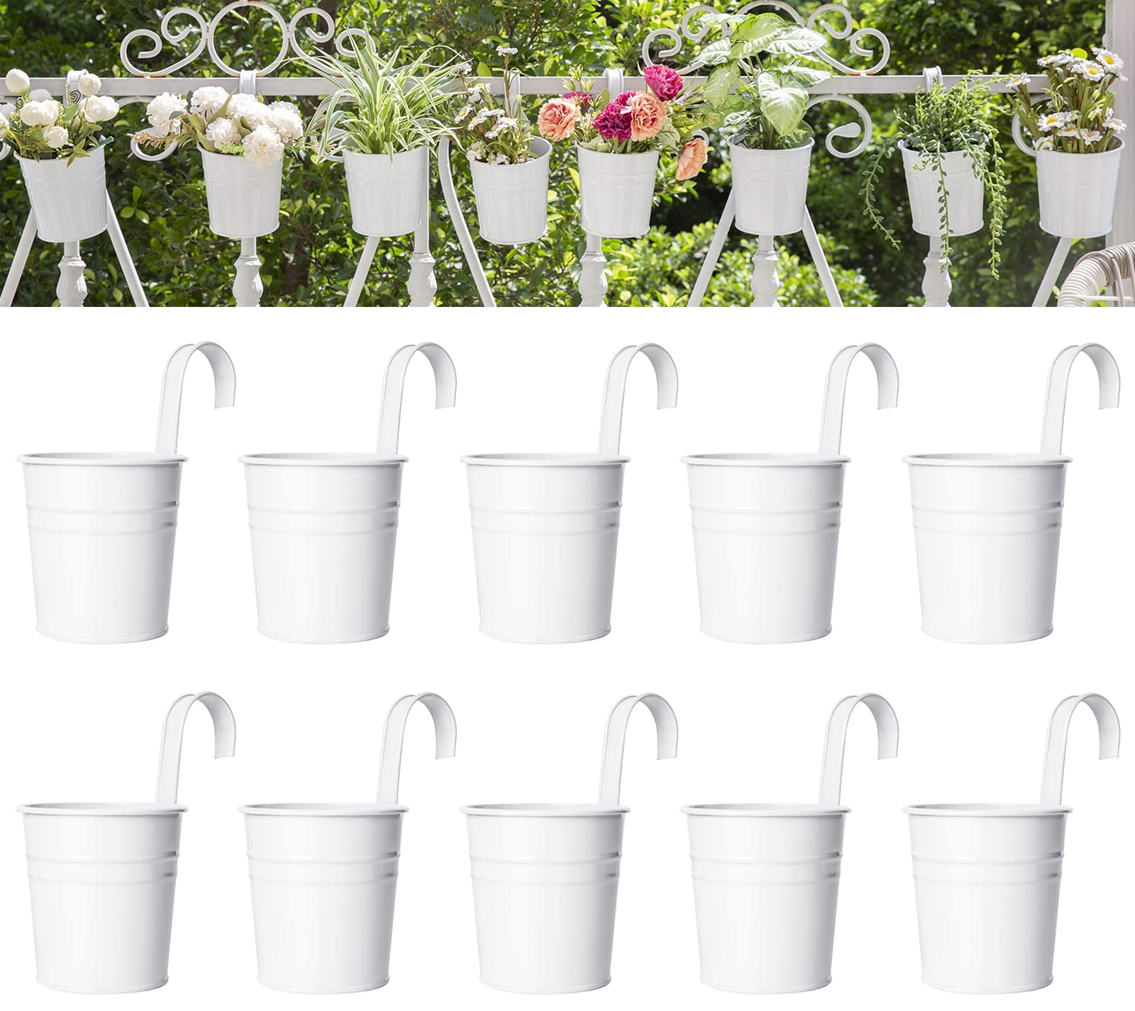 10 Pcs Hanging Flower Pots Metal Iron Bucket Planter for Railing Fence Balcony Garden Home Decoration Flower Holders with Detachable Hooks, White, 4 inches