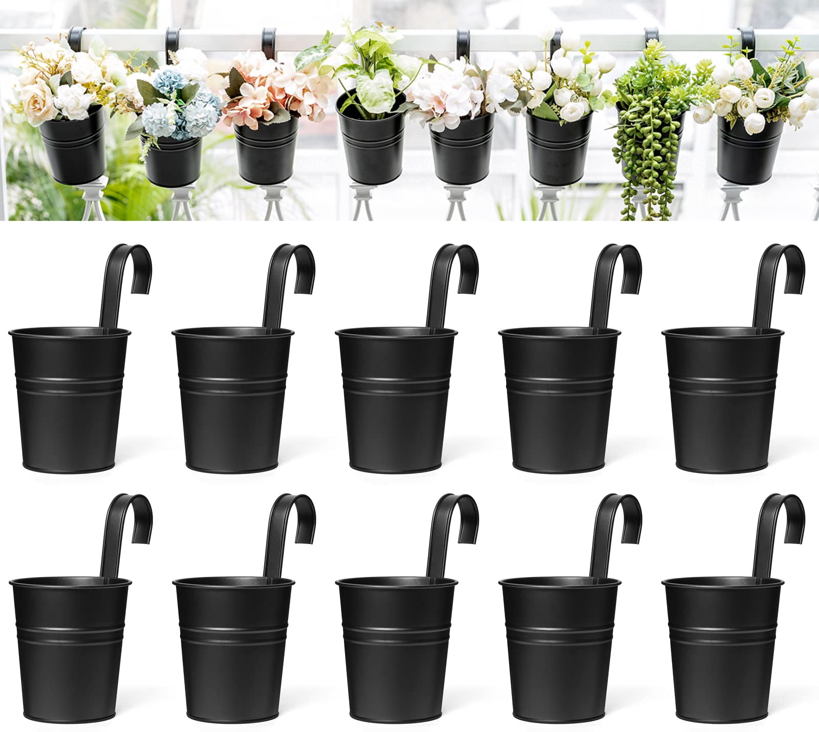 10 Pcs Hanging Flower Pots Metal Iron Bucket Planter for Railing Fence Balcony Garden Home Decoration Flower Holders with Detachable Hooks, White, 4 inches