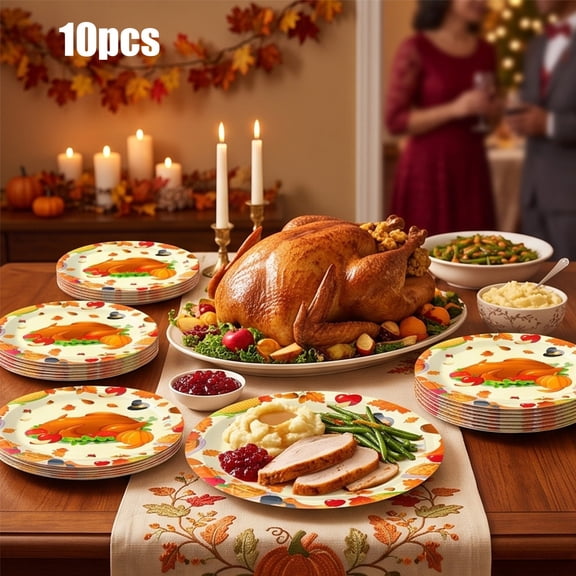10 Pcs Happy Thanksgiving Paper Plates,7" Disposable Thanksgiving Pumpkins Turkey Maple Leaves Plates Round Dessert Plate for Holiday Fall Harvest Dinner Tableware(A)