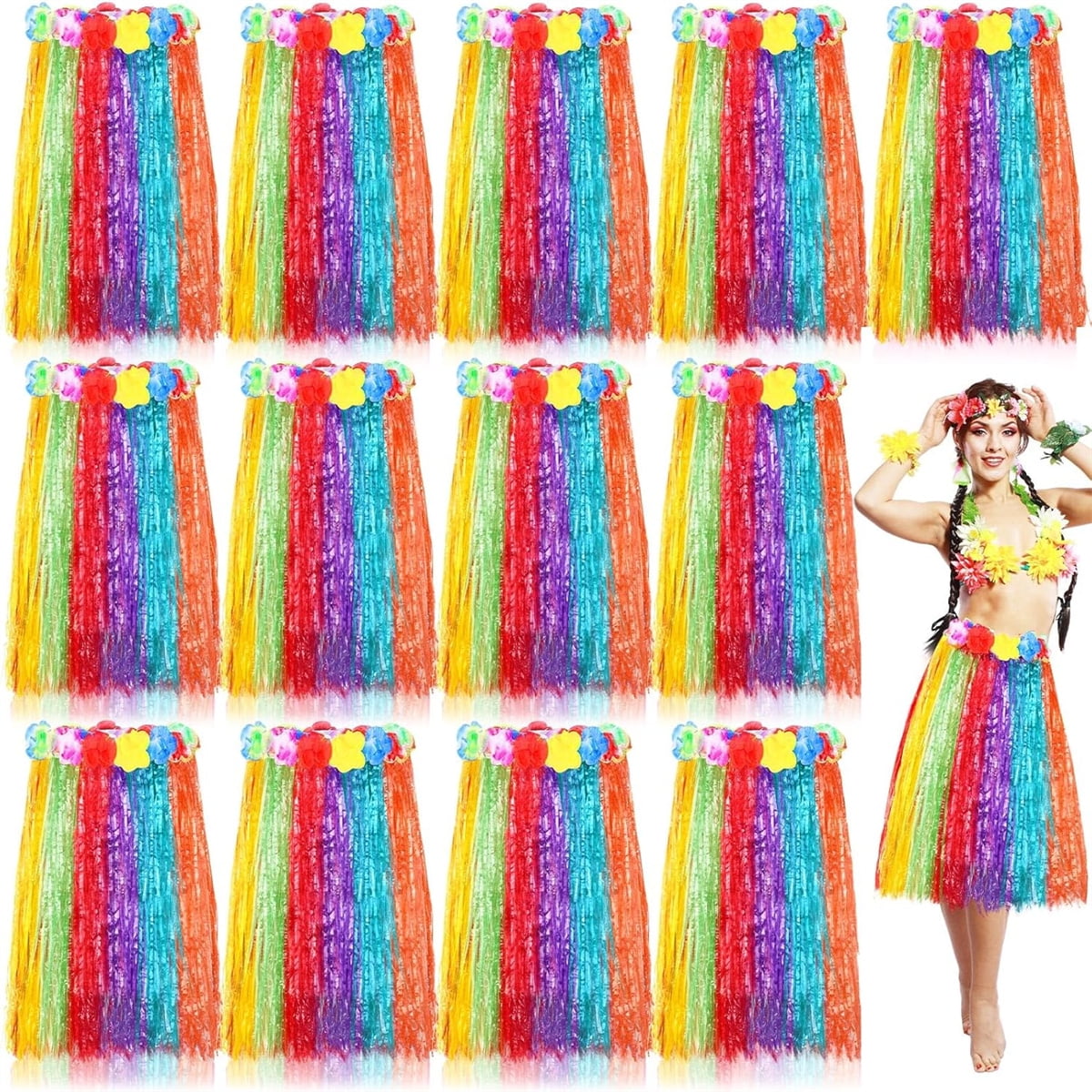 10 Pcs Hawaiian Luau Hula Skirts, Elastic Hibiscus Flowers Tropical Skirt for Party Celebration Decorations Supplies(6 Colors)