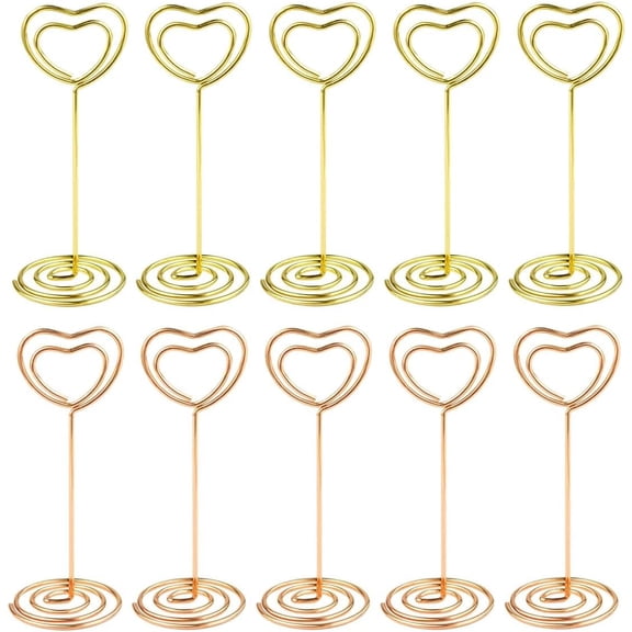 10 Pcs Heart Shaped Table Number Stand and Place Card Holder - Mini Wire Picture Photo Clips for Centerpieces, Wedding Party, Memo, Menu Stands (Gold + Rose Gold)