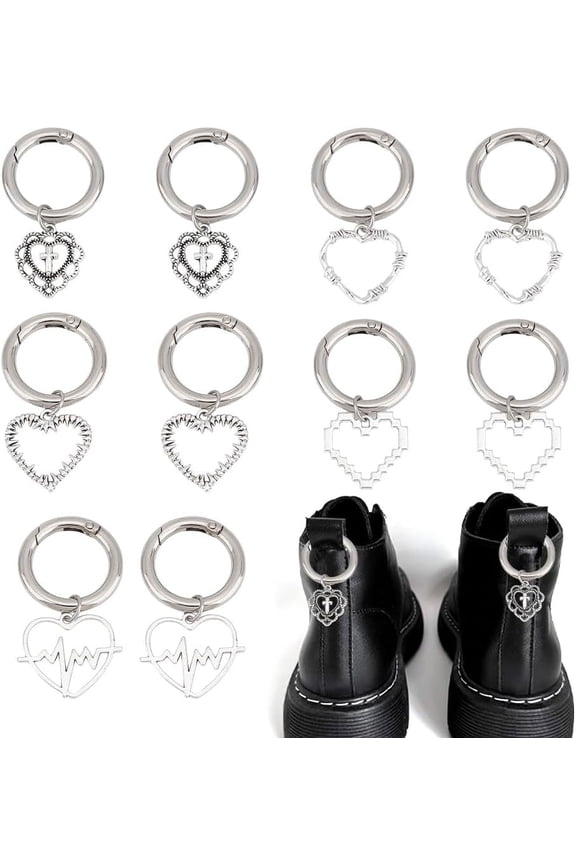 10 Pcs Heart Shoe Charms with Spring O Rings Pixel Line Charms Tibetan Style Shoe Decoration Alloy Buckle Shoe Pendant Accessory
