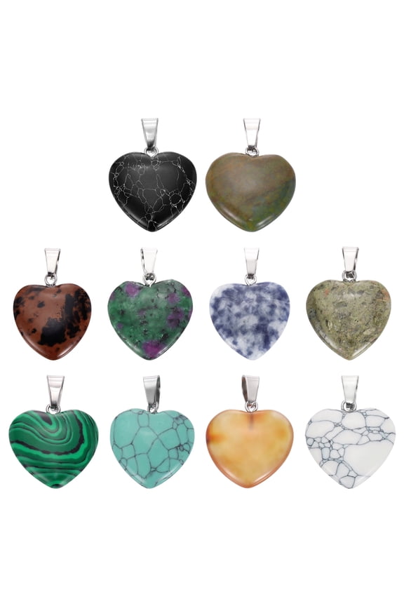 10 Pcs Heart Stone Pendants, 20mm Natural Crystal Valentine Love Heart Pendants Warm 10 Colors Love Charm Worry Stones for Meditation Energy DIY Necklace Jewelry Making