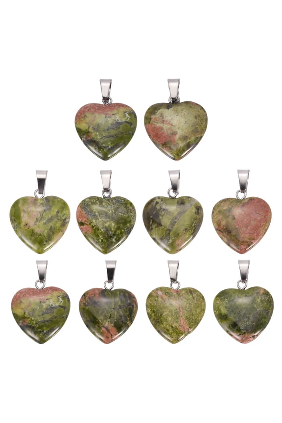 10 Pcs Heart Stone Pendants, 20mm Natural Crystal Valentine Love Heart Pendants Grass Green Love Charm Worry Stones for Meditation Energy DIY Necklace Jewelry Making