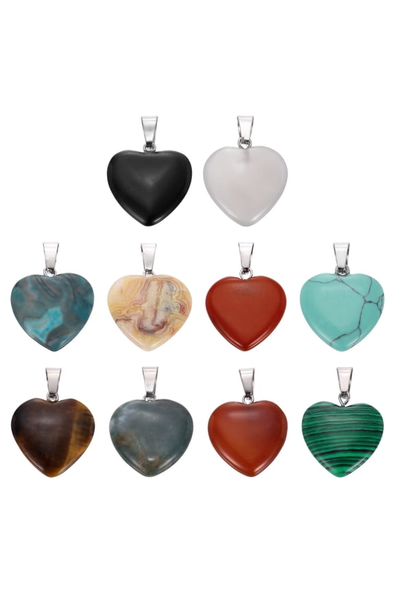 10 Pcs Heart Stone Pendants, 20mm Natural Crystal Valentine Love Heart Pendants Neutral 10 Colors Love Charm Worry Stones for Meditation Energy DIY Necklace Jewelry Making