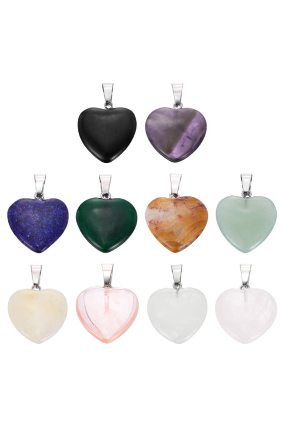 10 Pcs Heart Stone Pendants, 20mm Natural Crystal Valentine Love Heart Pendants Cold 10 Colors Love Charm Worry Stones for Meditation Energy DIY Necklace Jewelry Making
