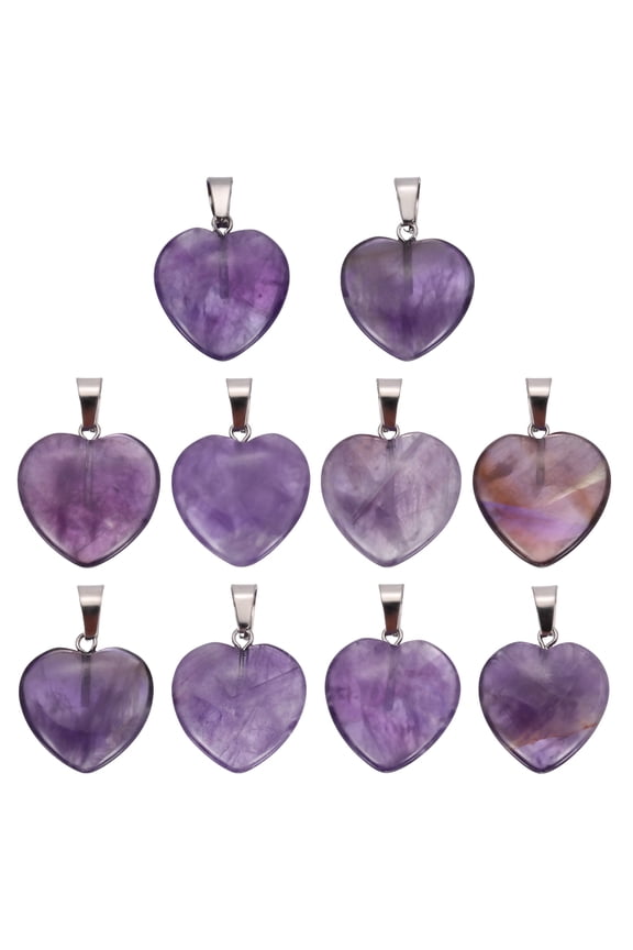 10 Pcs Heart Stone Pendants, 20mm Natural Crystal Valentine Love Heart Pendants Purple Love Charm Worry Stones for Meditation Energy DIY Necklace Jewelry Making