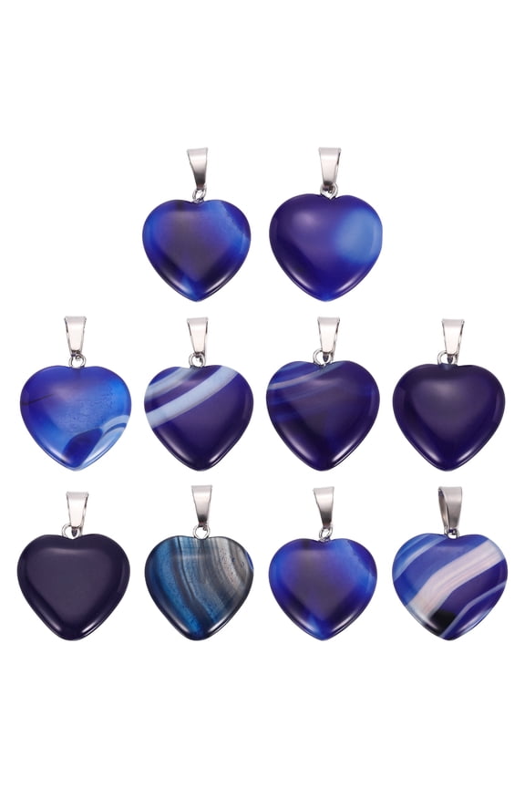 10 Pcs Heart Stone Pendants, 20mm Natural Crystal Valentine Love Heart Pendants Striped Dark Blue Love Charm Worry Stones for Meditation Energy DIY Necklace Jewelry Making