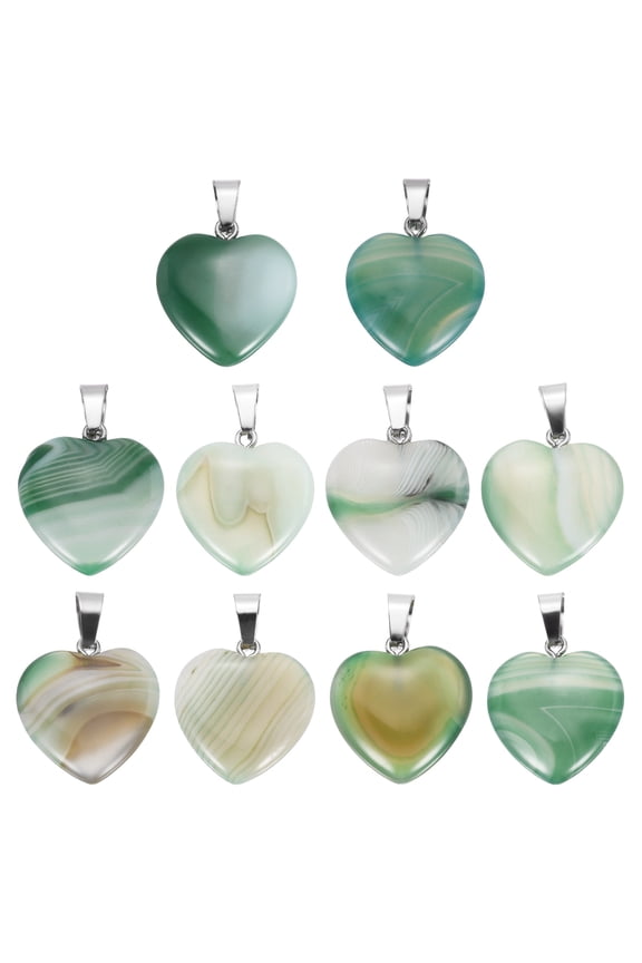 10 Pcs Heart Stone Pendants, 20mm Natural Crystal Valentine Love Heart Pendants Striped Green Love Charm Worry Stones for Meditation Energy DIY Necklace Jewelry Making