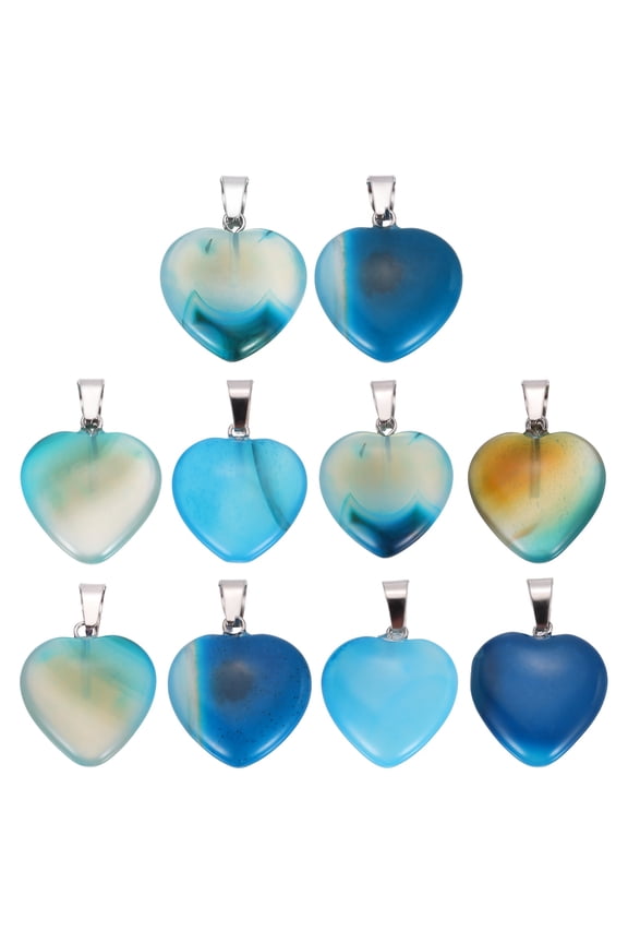 10 Pcs Heart Stone Pendants, 20mm Natural Crystal Valentine Love Heart Pendants Striped Sky Blue Love Charm Worry Stones for Meditation Energy DIY Necklace Jewelry Making