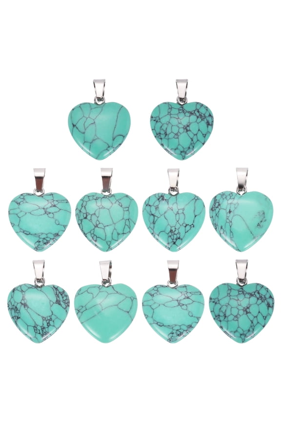 10 Pcs Heart Stone Pendants, 20mm Natural Crystal Valentine Love Heart Pendants Turquoise Green Love Charm Worry Stones for Meditation Energy DIY Necklace Jewelry Making