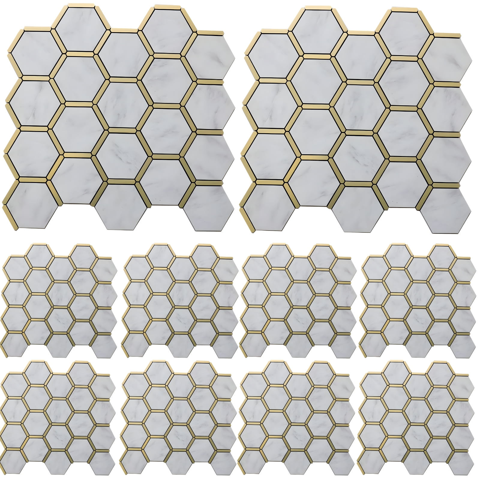 10 Pcs Hexagon Peel and Stick Tile Backsplash, PVC Self-Adhesive White Marble Effect with Gold Accents, Easy Install for Kitchen and Bathroom, Waterproof, Heat-Resistant, Ideal for TV Wall and More