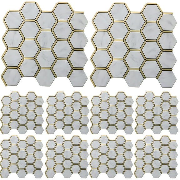 10 Pcs Hexagon Peel and Stick Tile Backsplash, PVC Self-Adhesive White Marble Effect with Gold Accents, Easy Install for Kitchen and Bathroom, Waterproof, Heat-Resistant, Ideal for TV Wall and More