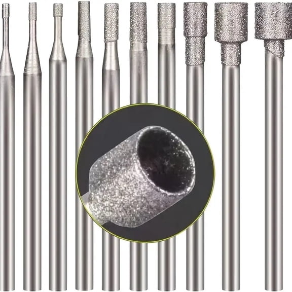 10 Pcs Hollow Cup Shape Diamond Burr Set, 3/32 Inch Shank Stone Carving Bits for Rotary Tools