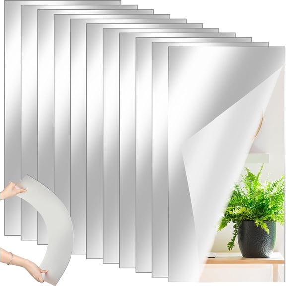 10 Pcs Home Gym Mirrors 12" x 24" Acrylic Wall Mirror Tiles 2mm Thick Self Adhesive Mirror Sheets Frameless Wall Mounted Mirror Stickers Decor for Workout Bedroom Ceiling