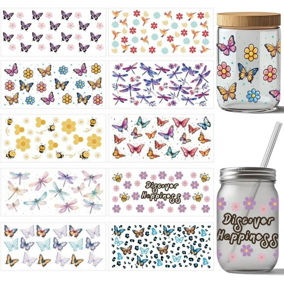 10 Pcs Insects UV DTF Cup Wrap Transfer Sticker 10 Styles Butterfly Dragonfly Transfer Paper Spring Rub on Stickers PVC Cup Waterproof Rub Decals for Cup Glass 24x11cm/9.4x11inch