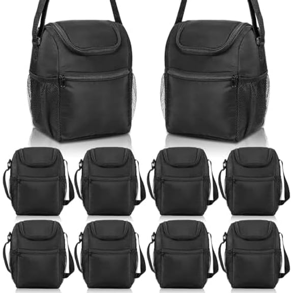 10 Pcs Insulated Lunch Bags Bulk, Reusable Lunch Boxes, Black Waterproof Thermal Cooler Bags with Zipper, Adjustable Strap for Men Women Work School Outdoor Camping Picnic Beach