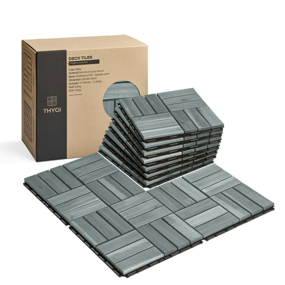 THYOI Acacia Deck Tiles 12x12", 10Pcs, Grey, Square Joint, Indoor/Outdoor