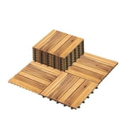 10 Pcs Interlocking Deck Tiles, Patio Flooring - Outdoor Waterproof Acacia Wood Tiles for All Weather Use - Balcony, Backyard, Indoor & Outdoor, Full