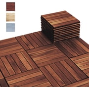 10 Pcs Interlocking Deck Tiles, Waterproof Acacia Wood Patio Flooring for Balcony & Outdoor Use Dark Brown
